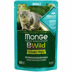 Monge Cat BWild Pouch Grain Free Adult Chunkies in Gravy Codfish with Shrimps and Vegetables 85 g